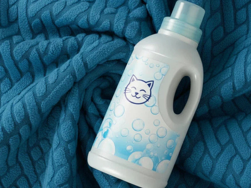 Flacon de lessive posé sur un tissu jacquard tricoté bleu, entretien et lavage d'une housse de fauteuil