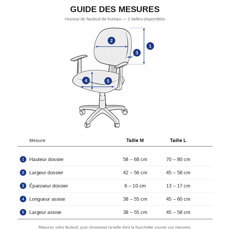 guide des mesures housse fauteuil de bureau — tailles M et L en cm