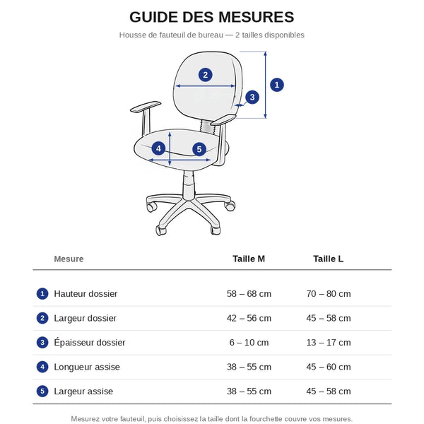 guide des mesures housse fauteuil de bureau — tailles M et L en cm