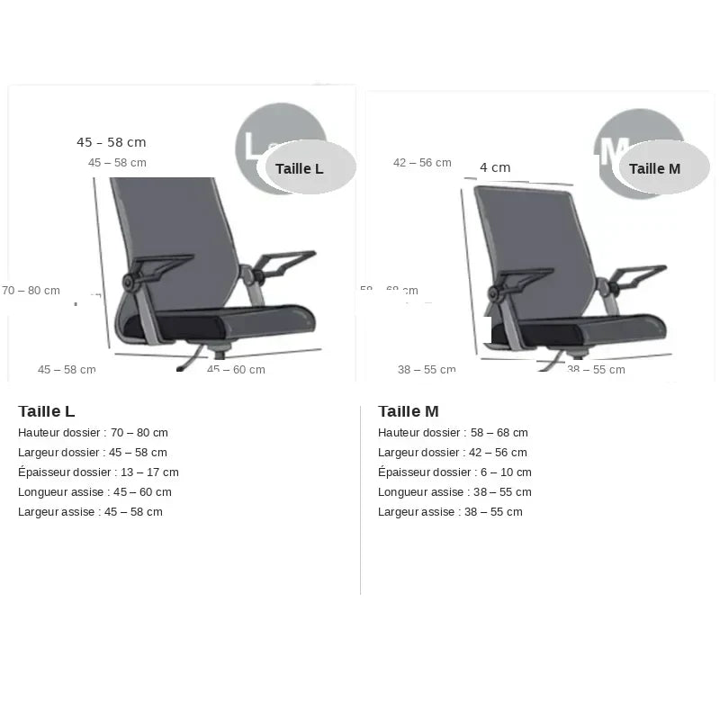 guide des mesures housse fauteuil de bureau taille L et M en cm