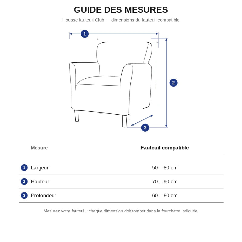 guide des mesures housse fauteuil club — largeur, hauteur, profondeur en cm