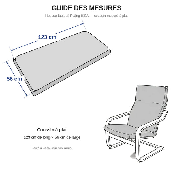 guide des mesures housse fauteuil Poäng IKEA — coussin à plat 123 cm de long sur 56 cm de large