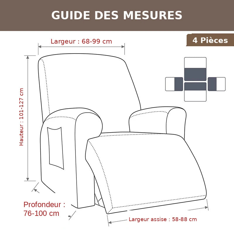 guide des mesures housse fauteuil relax — 4 pièces, dimensions en cm