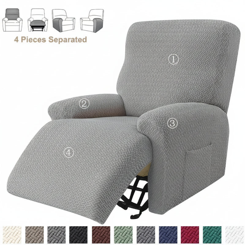 Housse fauteuil relax jacquard coloris gris, 4 pièces séparées avec fente pour le mécanisme d'inclinaison